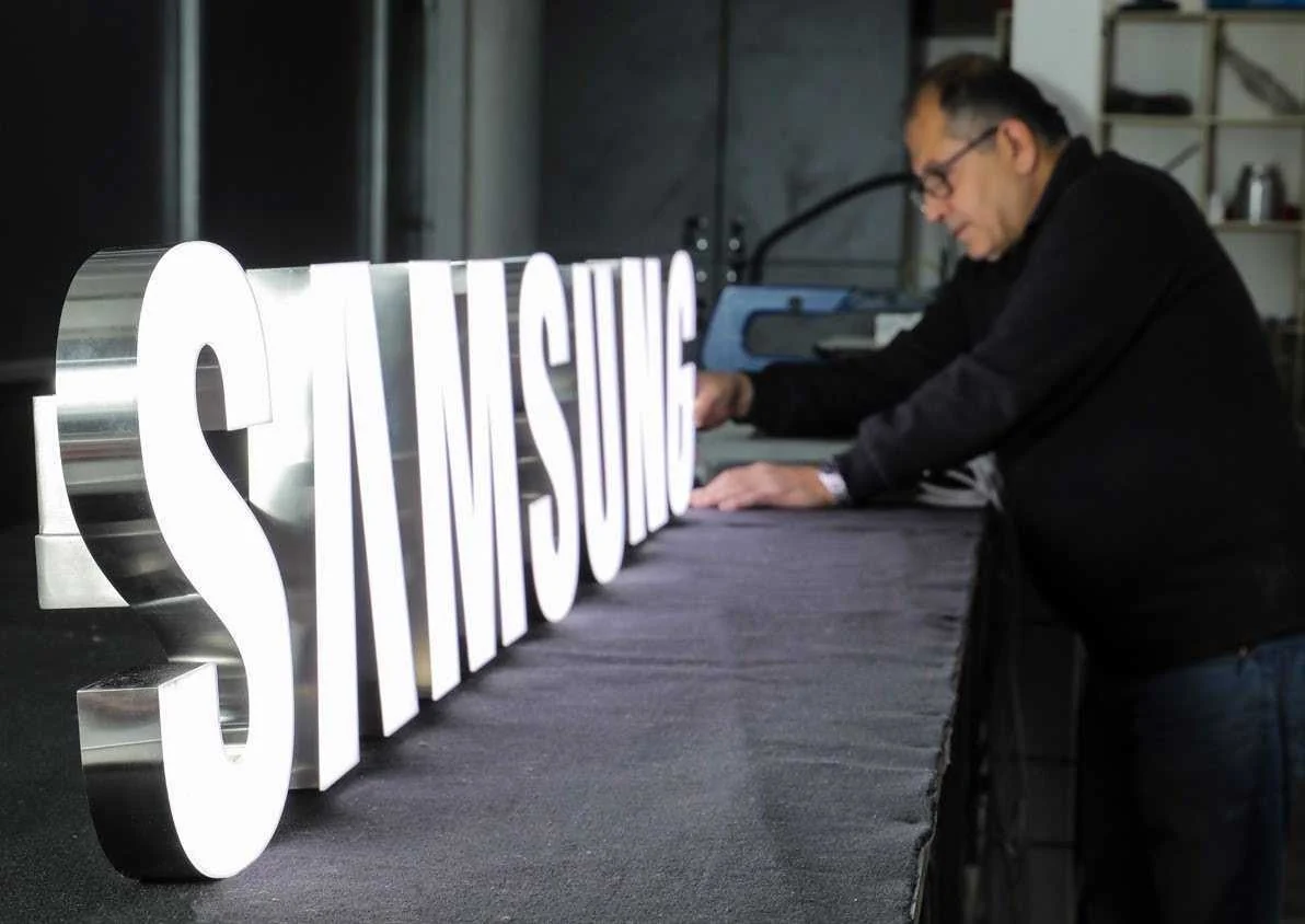 Assembly of illuminated Samsung signage