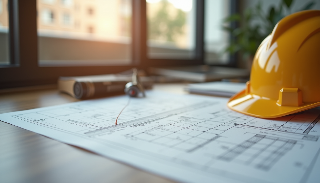 Close-up view of construction blueprints and a hard hat on a table