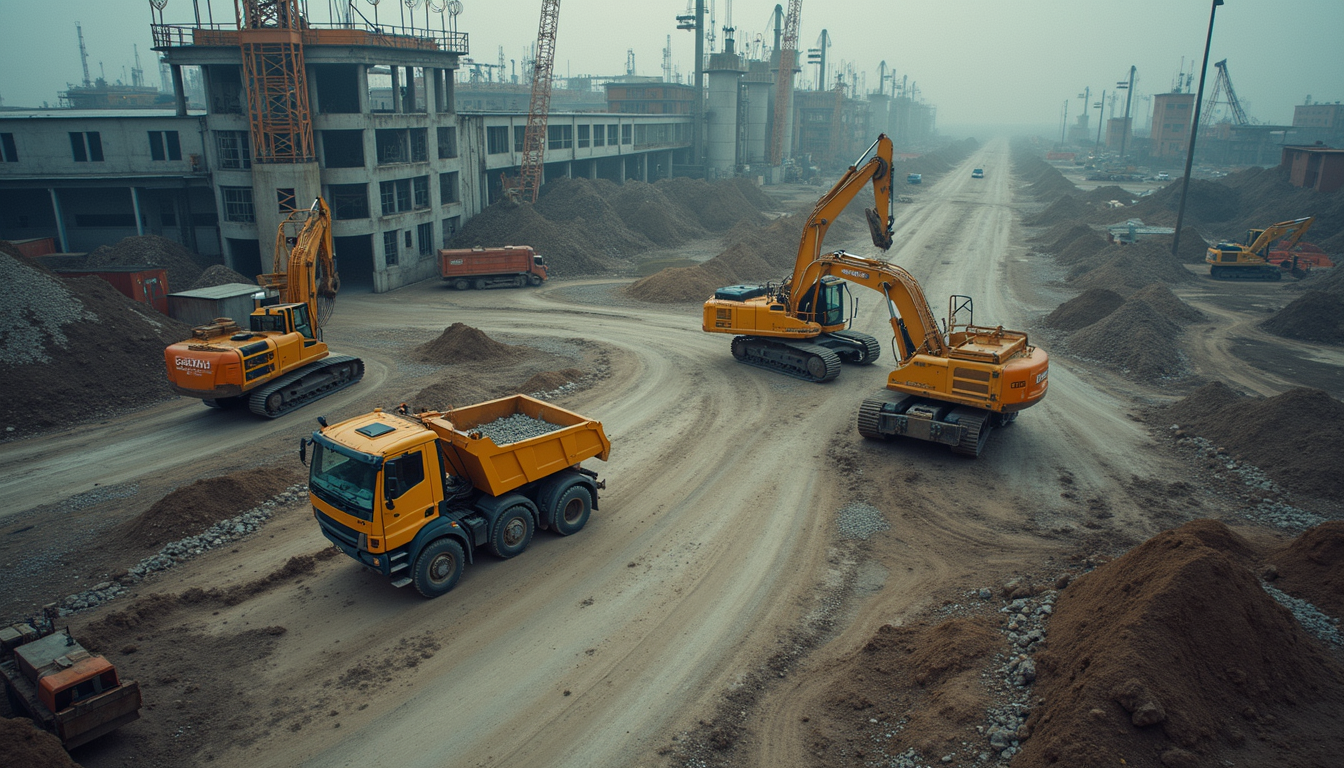 High angle view of industrial construction site with heavy machinery