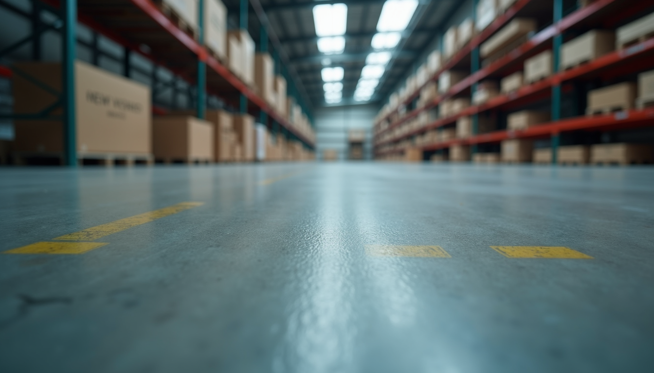 Close-up view of industrial warehouse interior with reinforced flooring