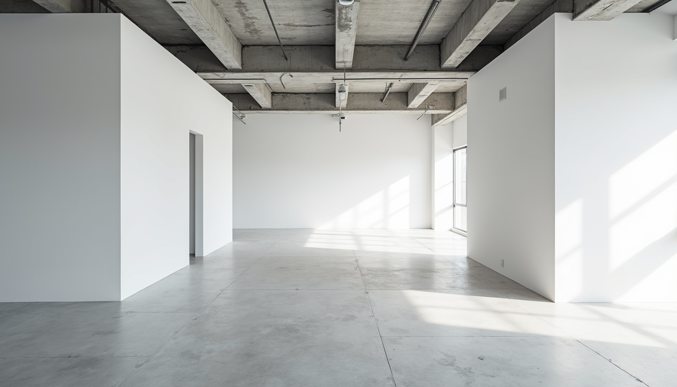 High angle view of a white box office space with exposed ceilings and unfinished floors