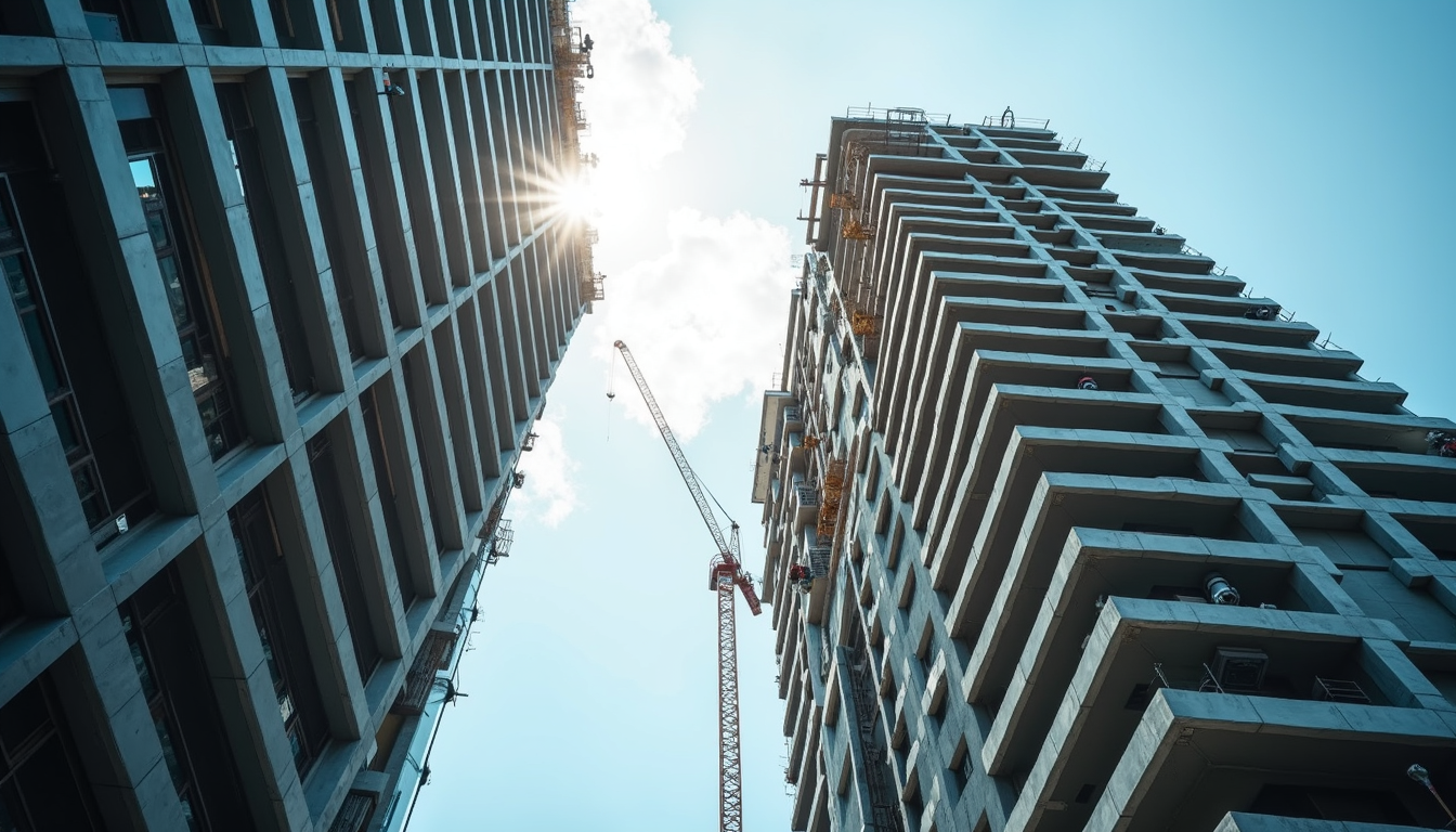 Eye-level view of a modern commercial building under construction