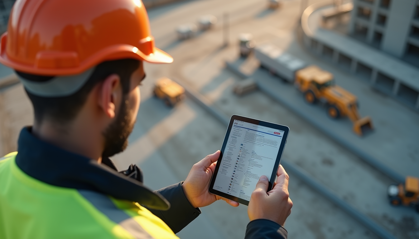 High angle view of a construction manager using a tablet on site