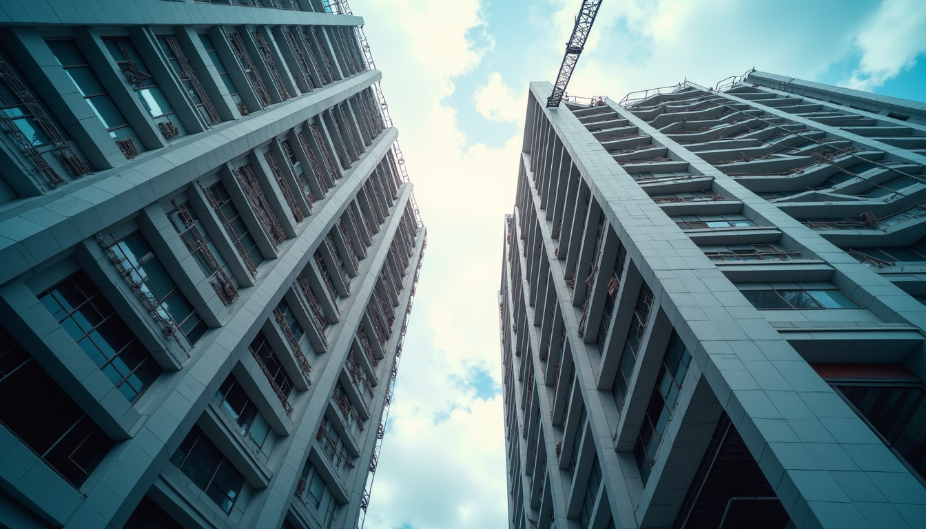 Eye-level view of a modern commercial building under construction
