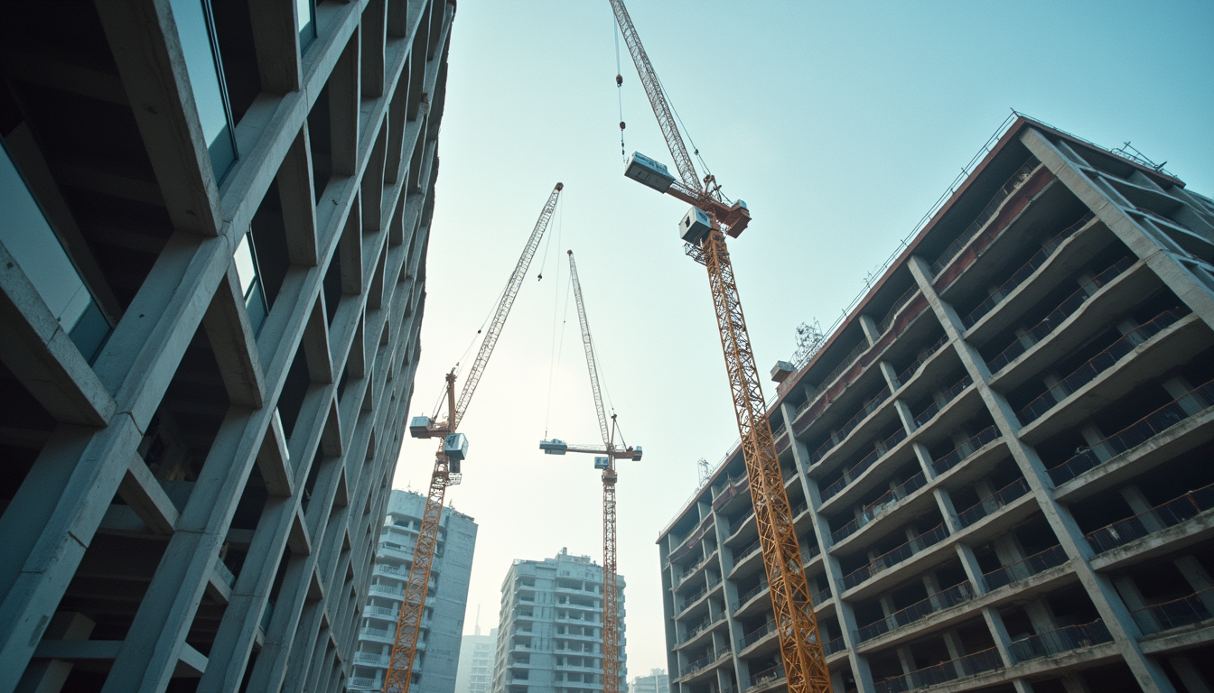 Eye-level view of a construction site with cranes and building framework