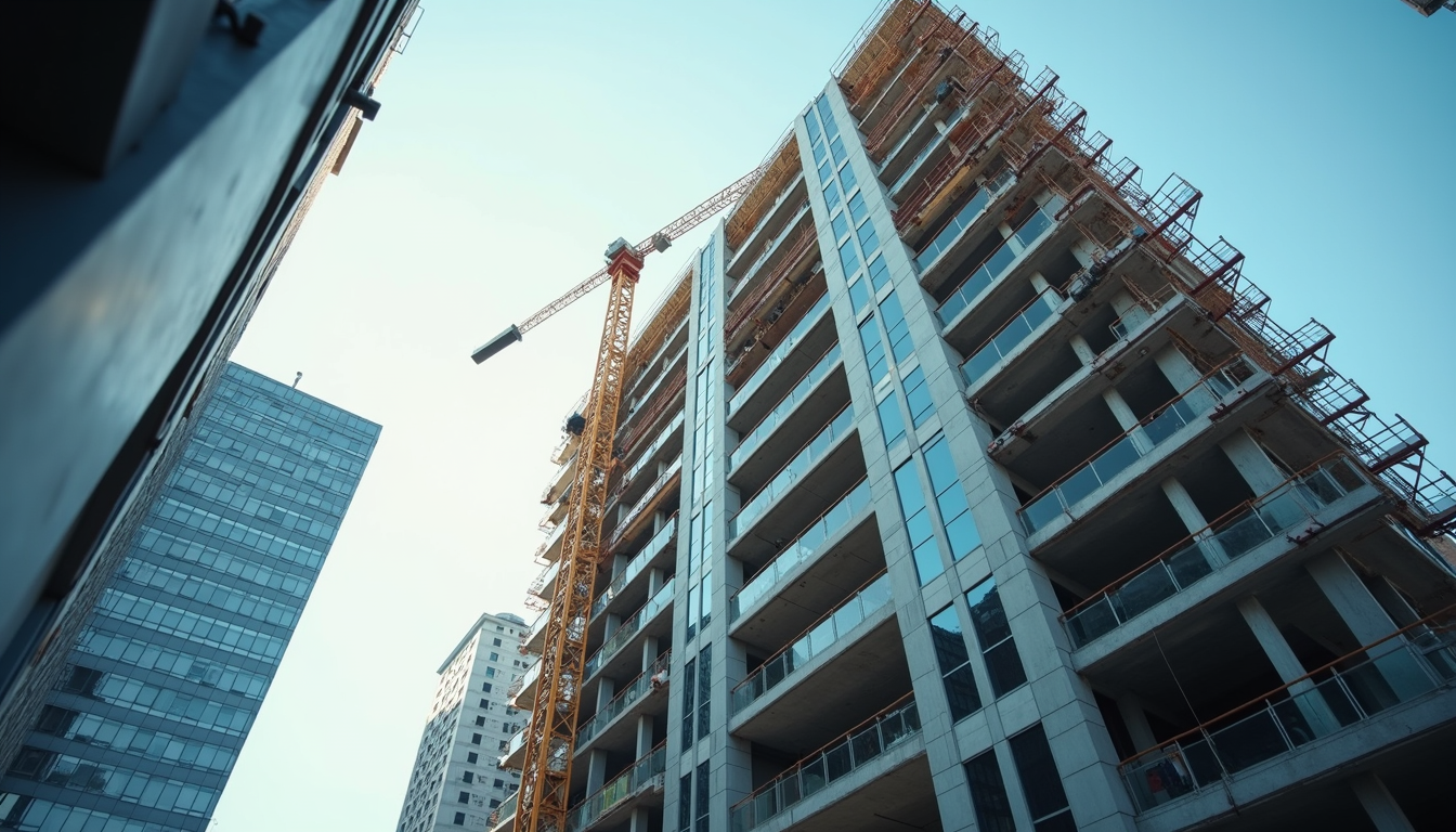 Eye-level view of a modern commercial building under construction