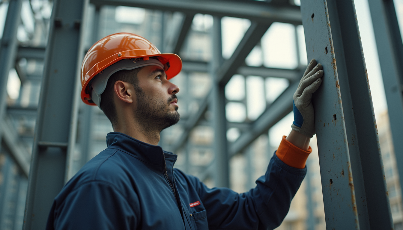 Close-up view of construction worker inspecting steel framework