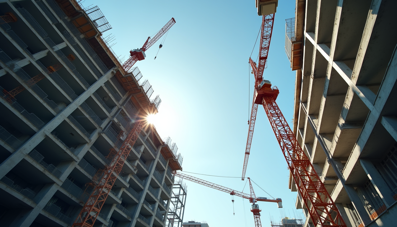 Eye-level view of a modern construction site with cranes and building framework