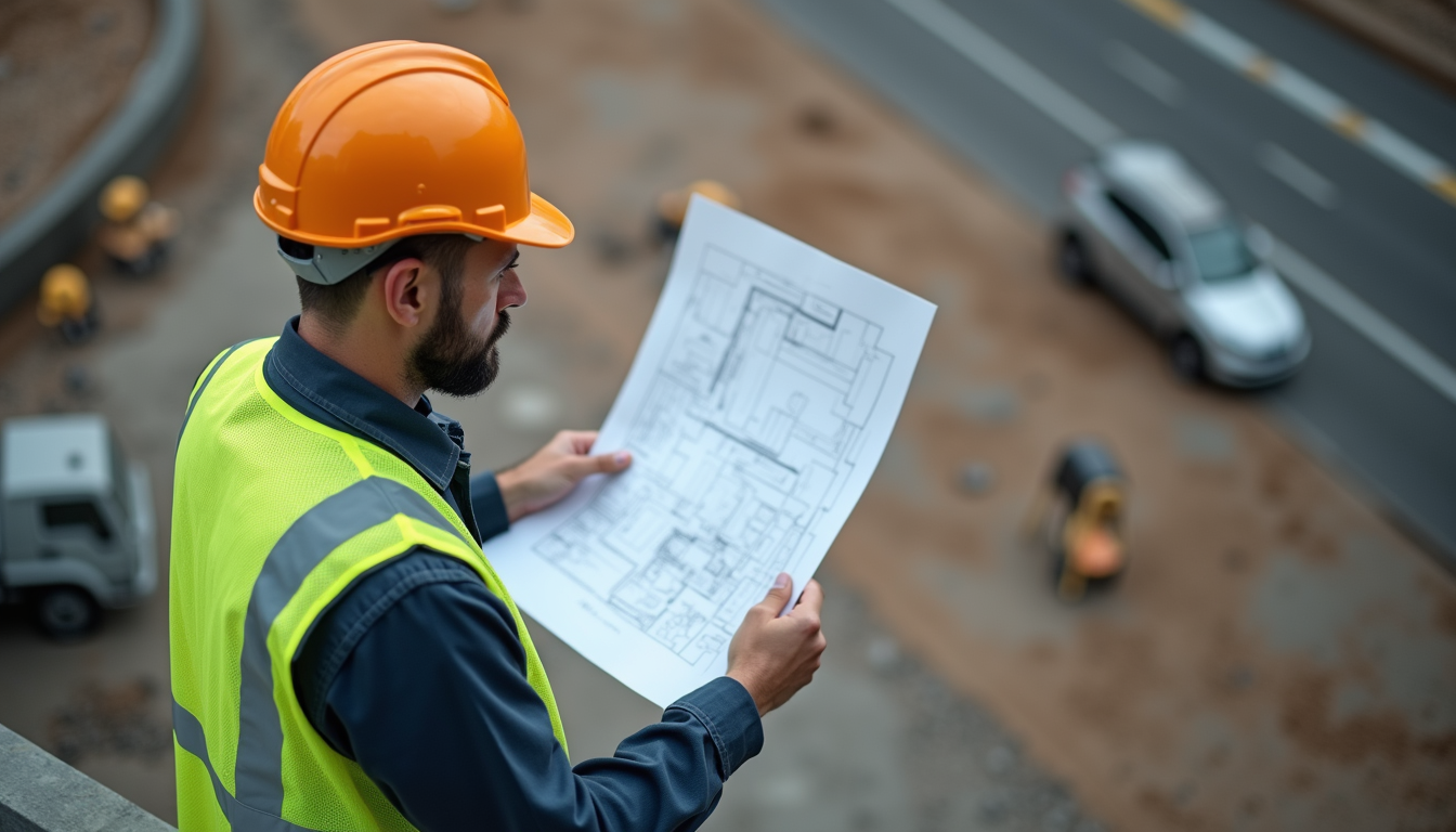 High angle view of a construction manager reviewing blueprints on site