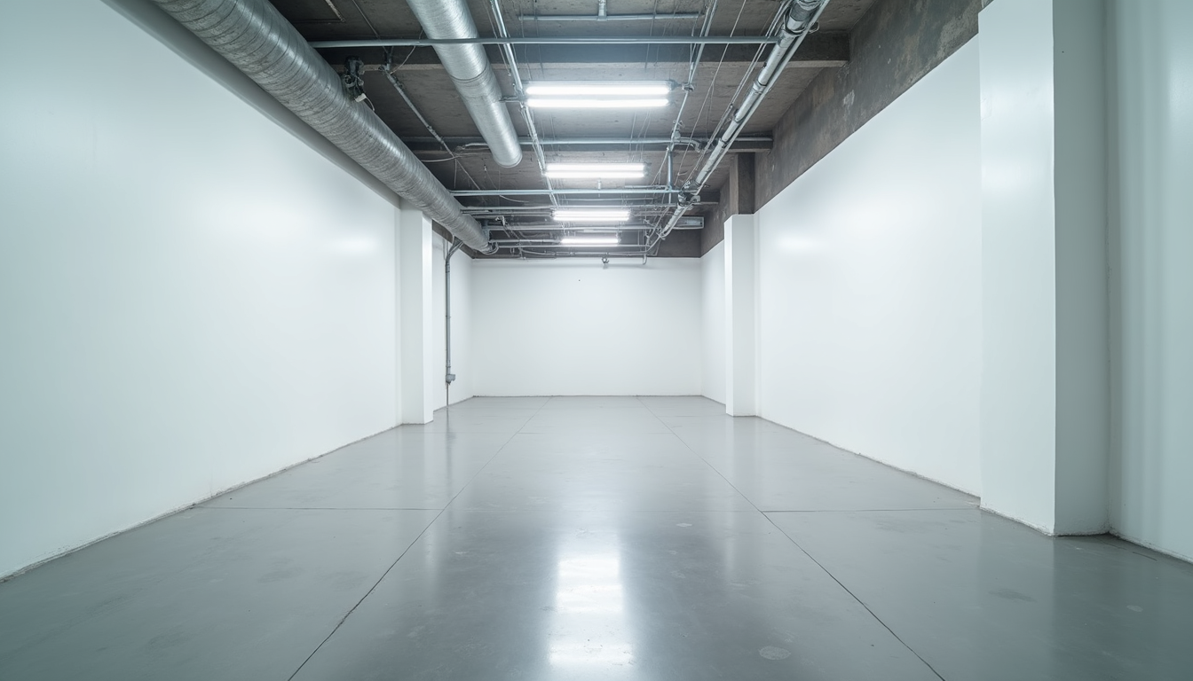 Eye-level view of an empty commercial space with white walls and concrete floor