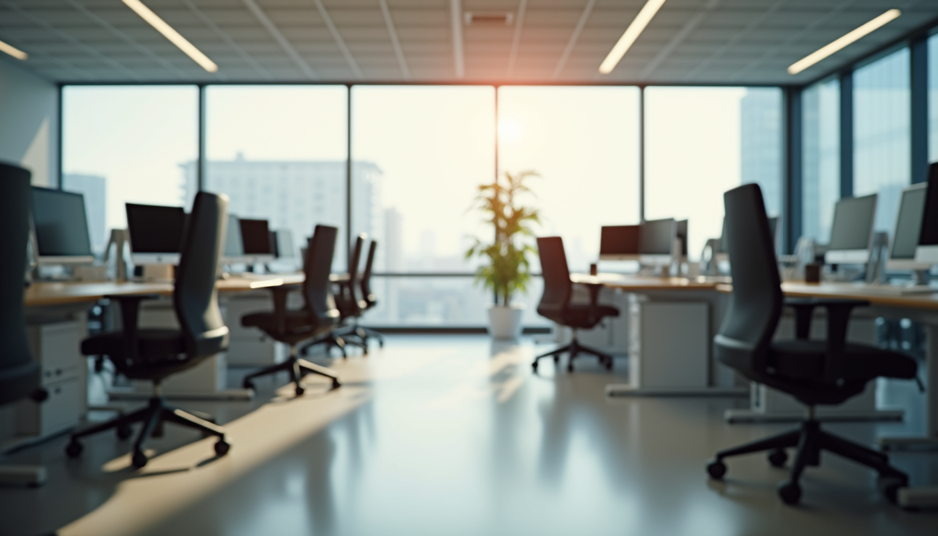 Eye-level view of modern office with ergonomic desks and natural light