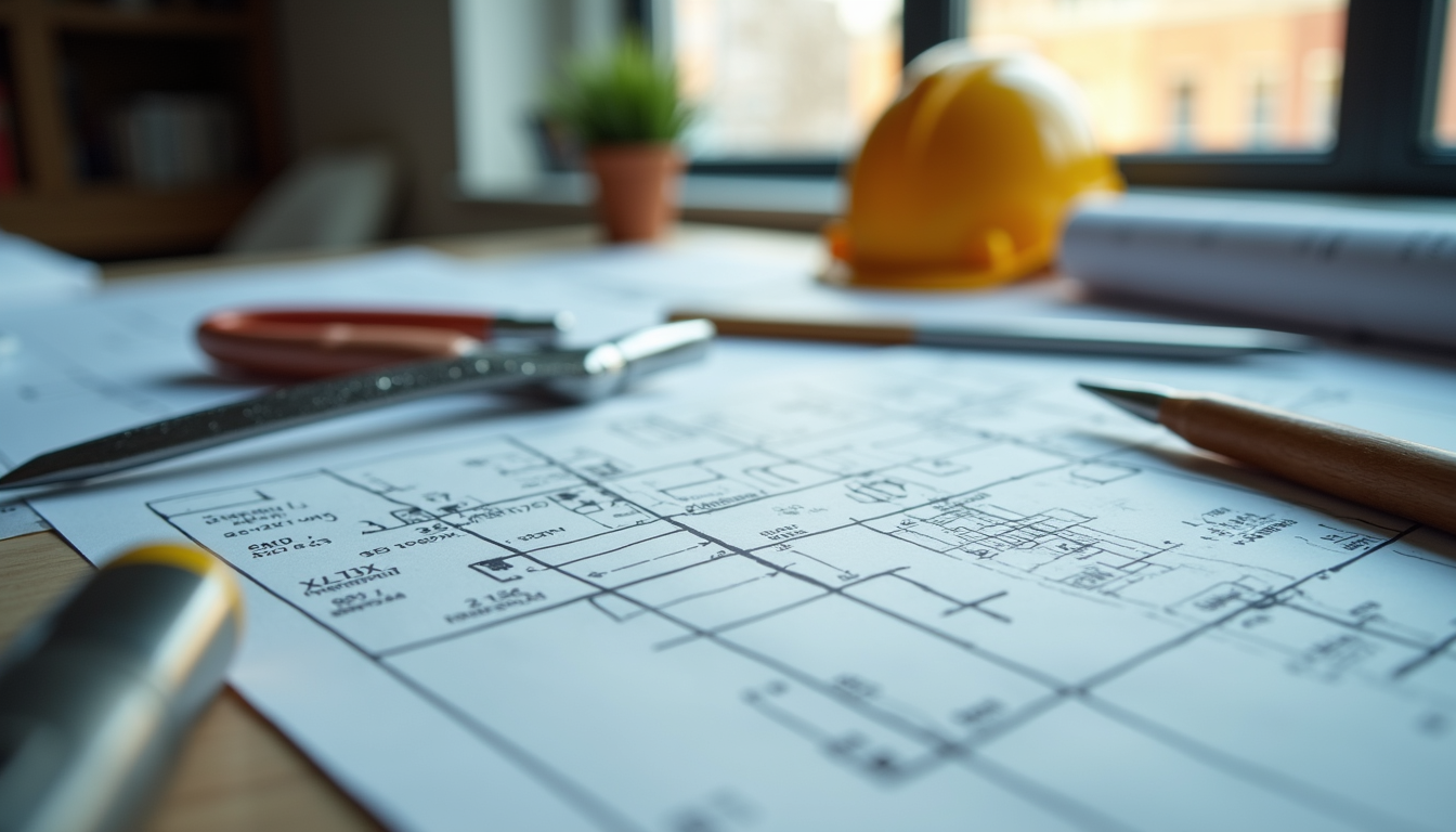 Close-up view of construction blueprints and tools on a desk
