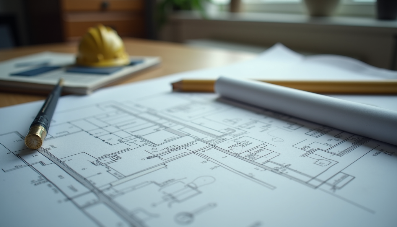 Close-up view of construction blueprints and tools on a desk