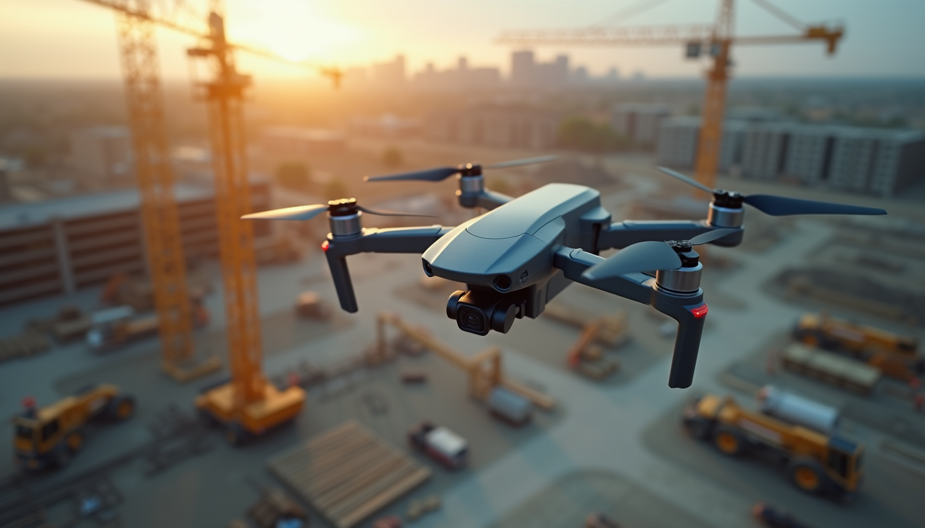 High angle view of a drone surveying a construction site