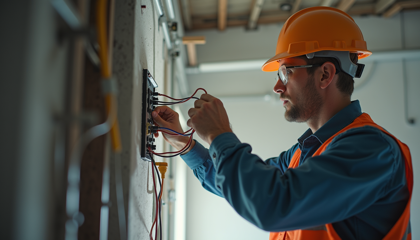 Close-up view of construction workers installing electrical wiring inside a building