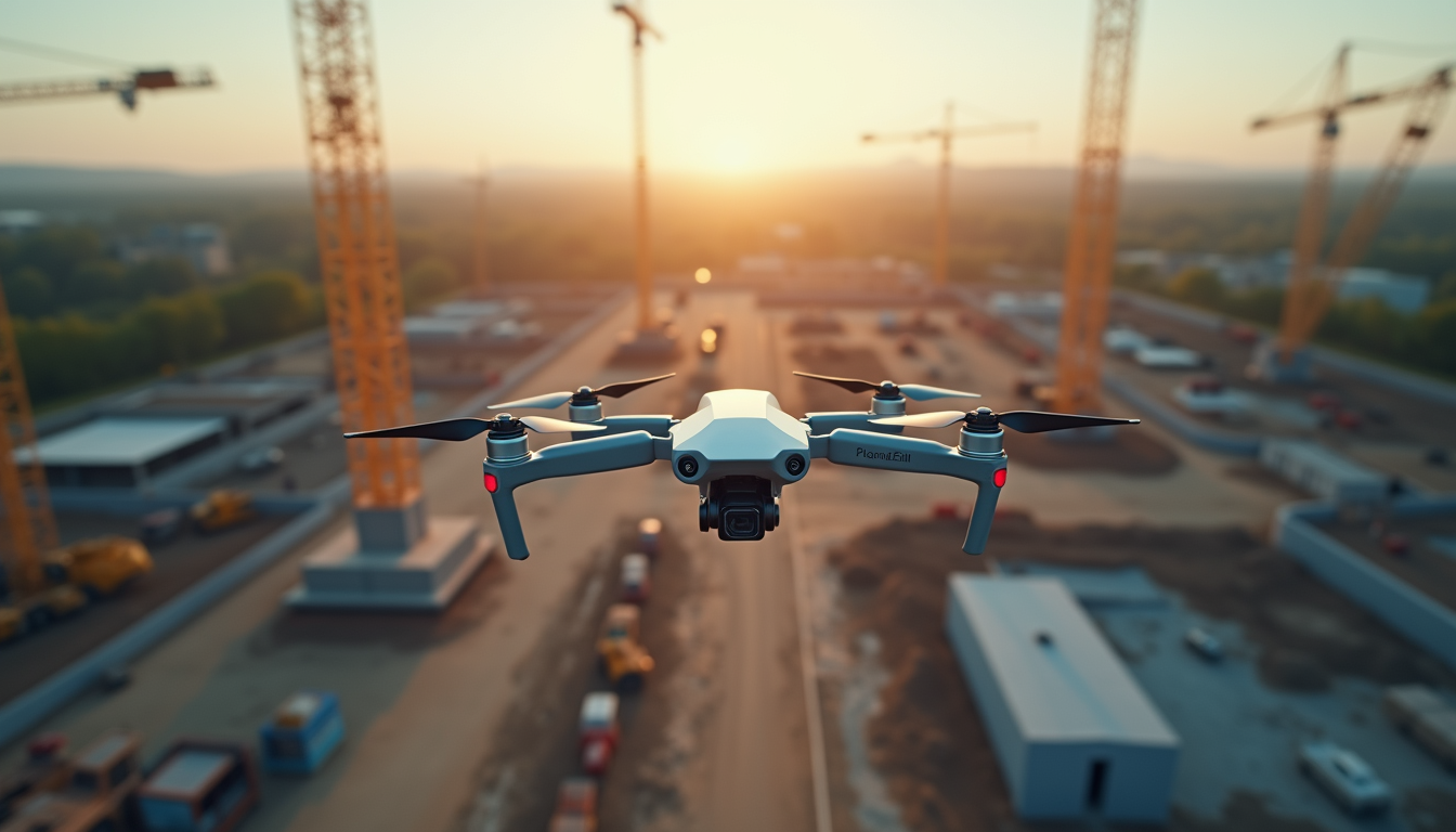 High angle view of drone surveying a construction site