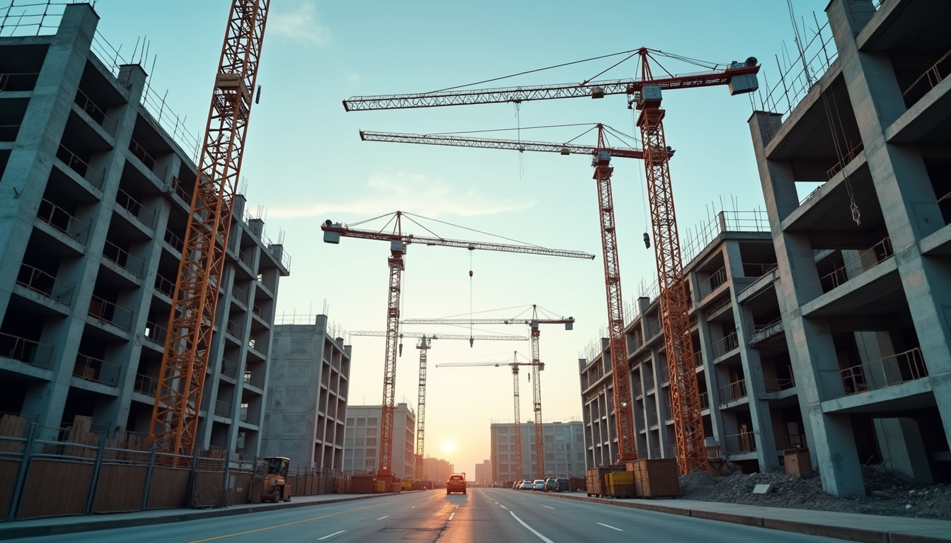 Eye-level view of construction site with cranes and building framework