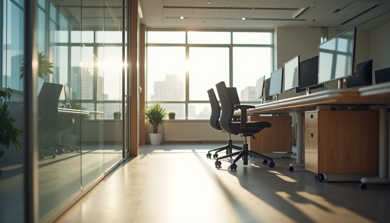 Eye-level view of a modern office space with ergonomic furniture and natural light
