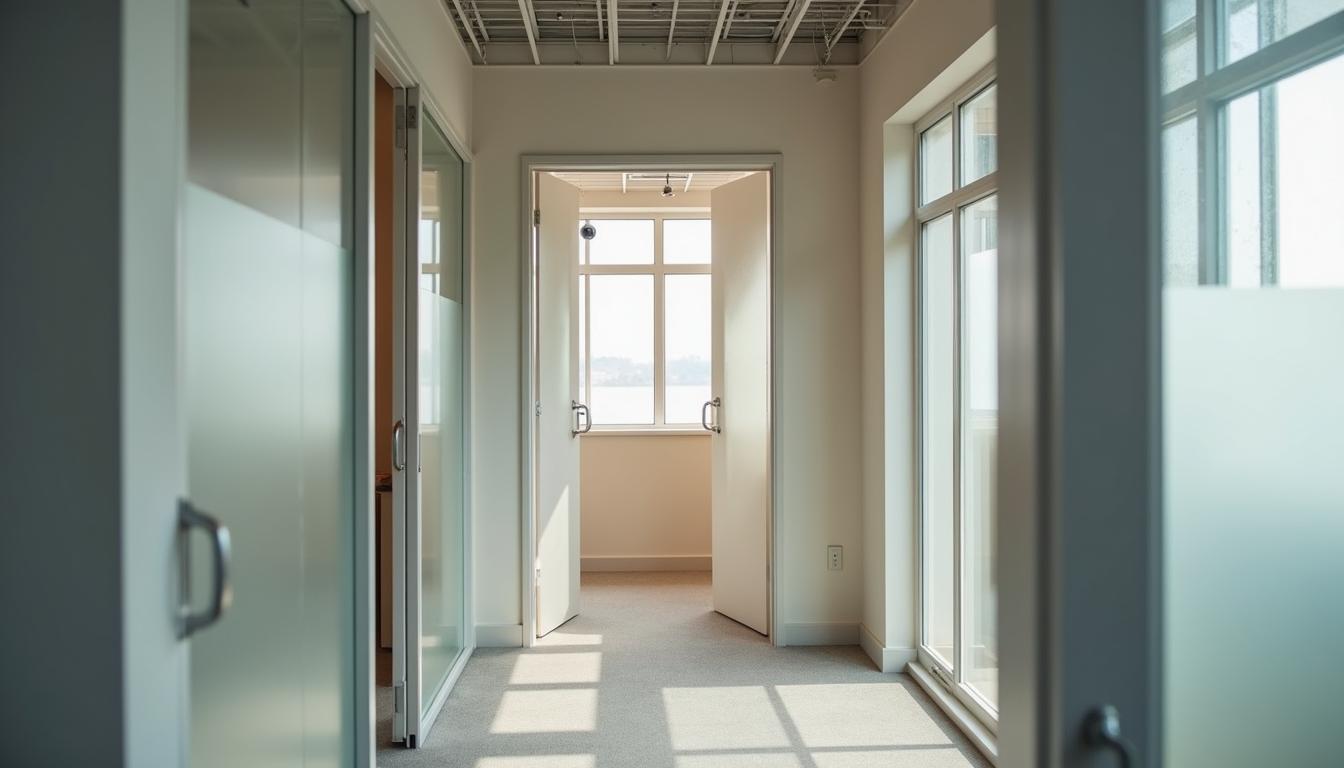 Close-up view of modular partition walls being installed in an office space