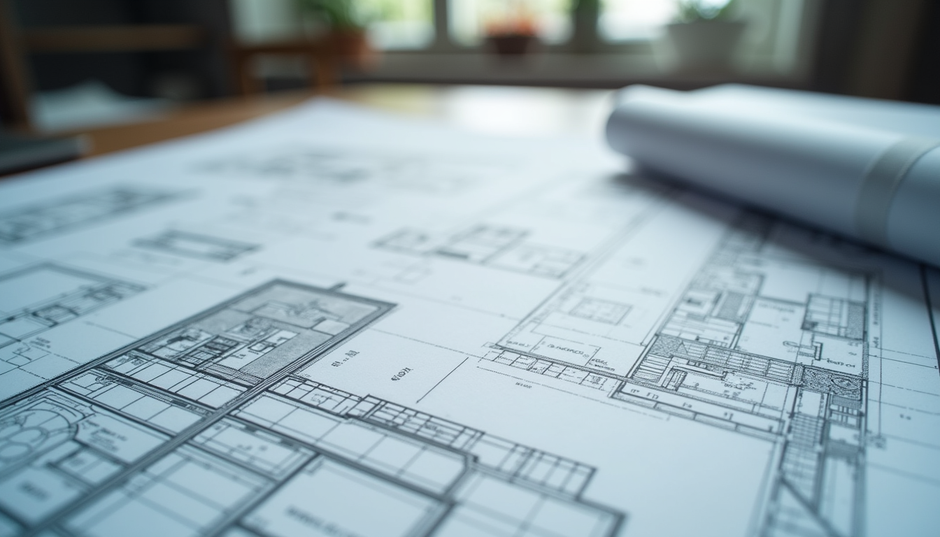 Eye-level view of detailed architectural blueprints on a desk