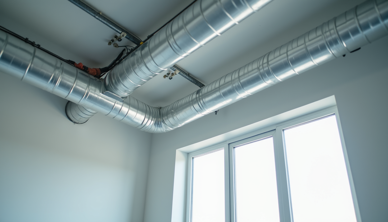Close-up view of HVAC ductwork and electrical wiring in a white box ceiling
