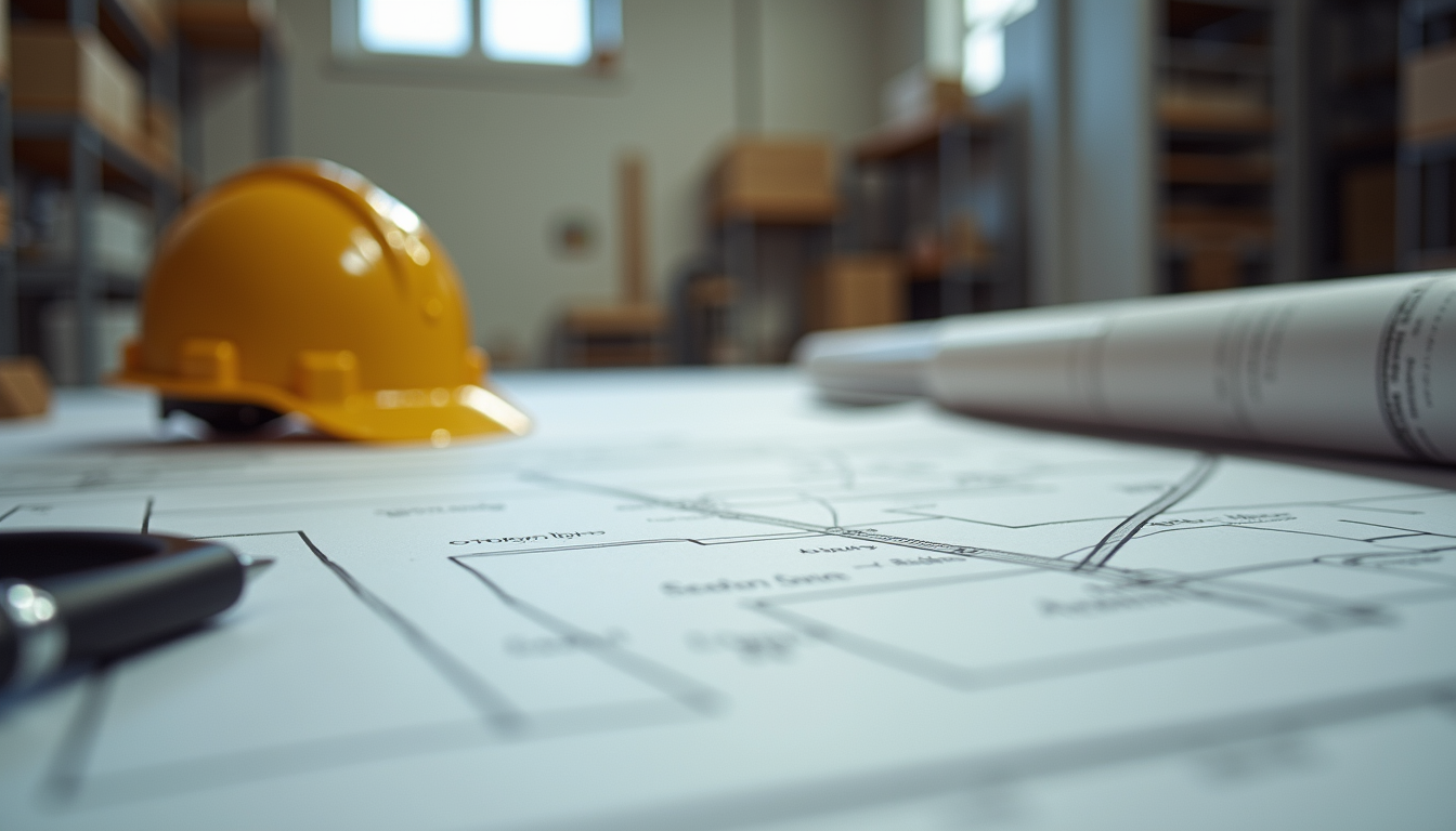 Close-up view of construction blueprints and tools on a worktable