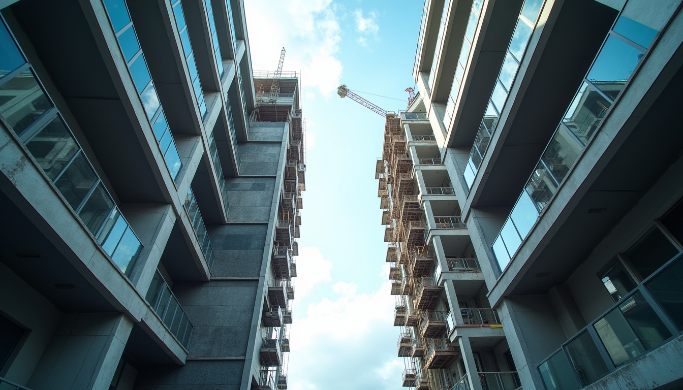 Eye-level view of a modern commercial building under construction