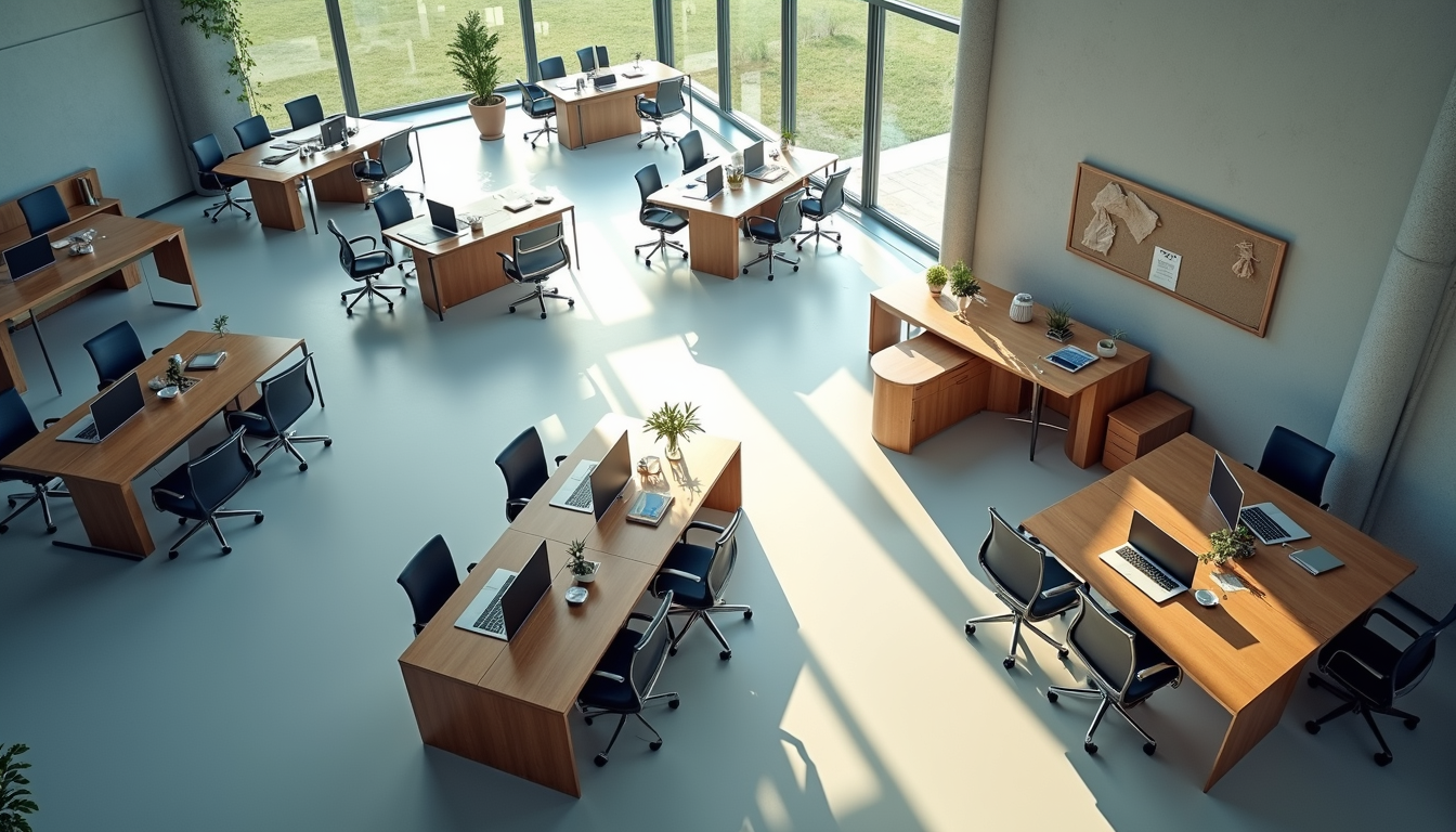 High angle view of a flexible office layout with movable partitions and modular furniture