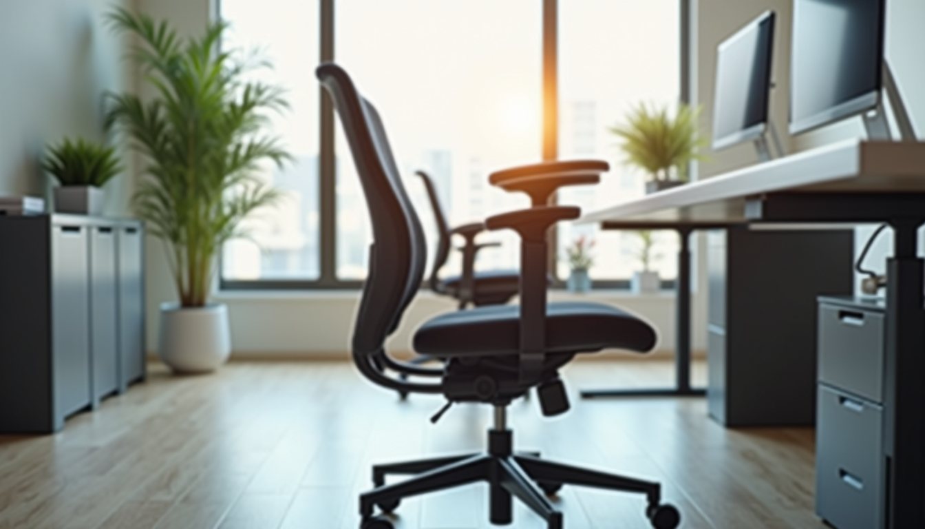 Close-up view of ergonomic office chair and adjustable desk in bright workspace