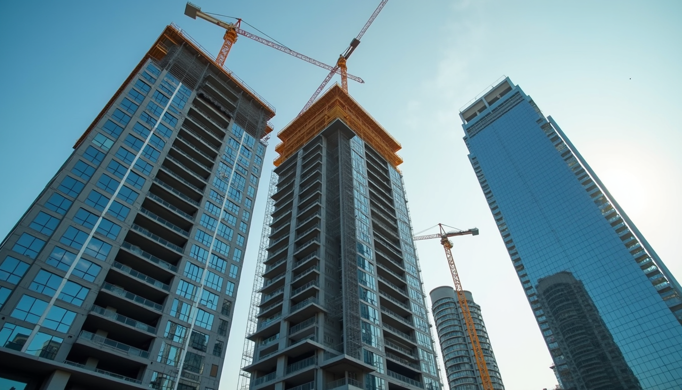 Eye-level view of a modern commercial building under construction