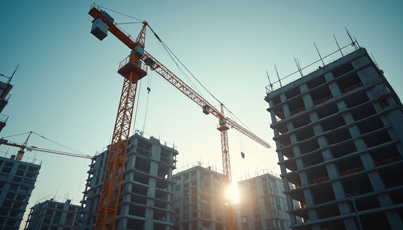 Eye-level view of construction site with cranes and building framework