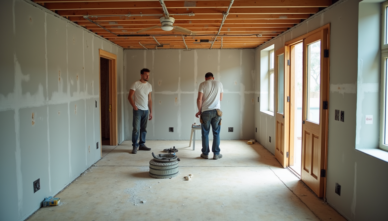 High angle view of a construction site with workers installing drywall and electrical systems