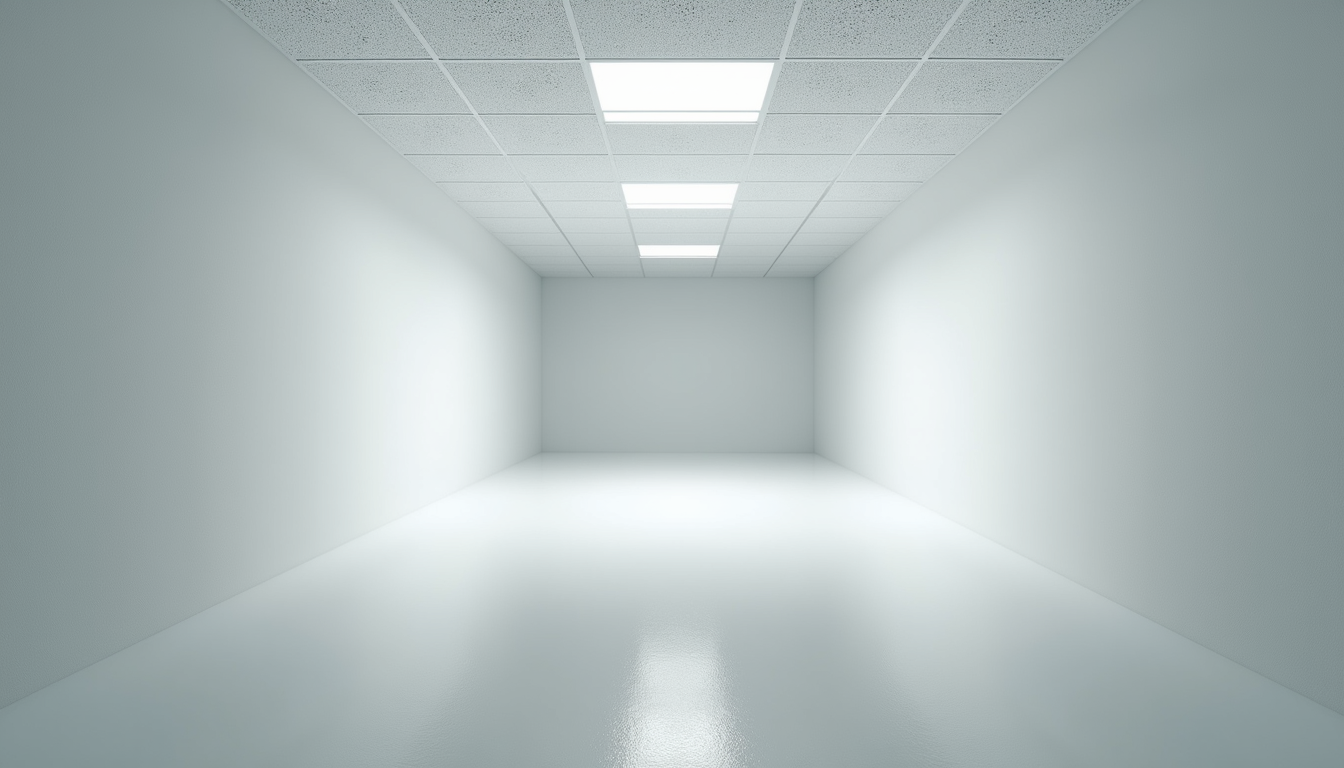 High angle view of a white box commercial interior showing ceiling grid and lighting