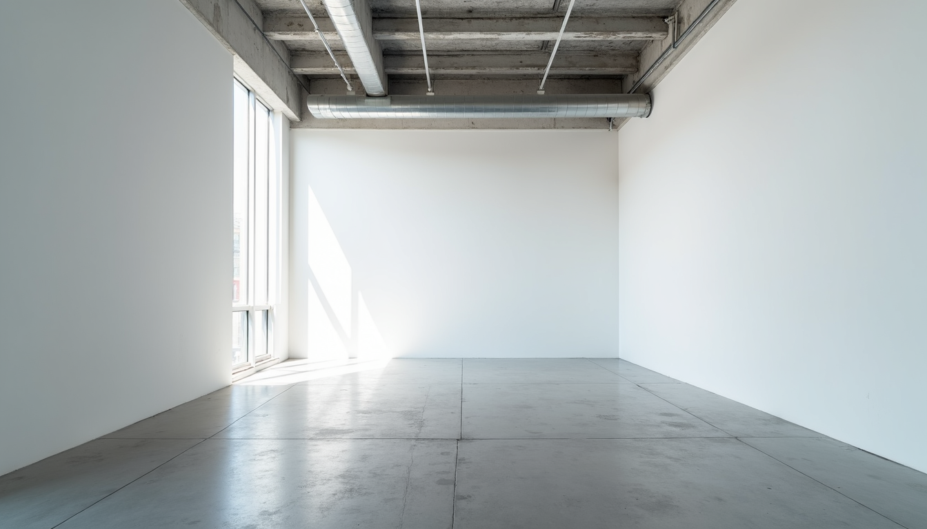 Eye-level view of an empty commercial space with white walls and concrete floors