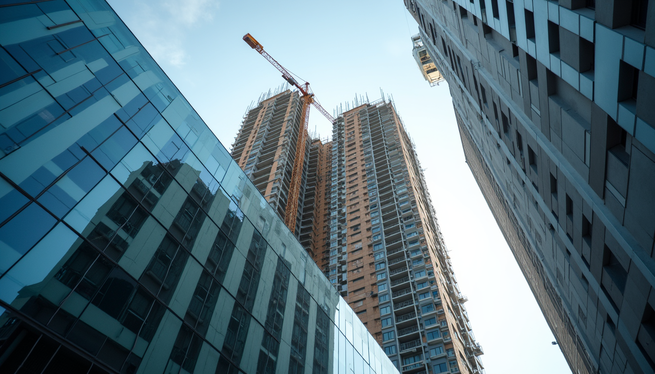 Eye-level view of a modern commercial building under construction