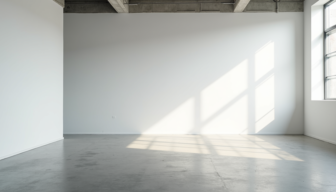 Eye-level view of an empty commercial space with white walls and concrete floors