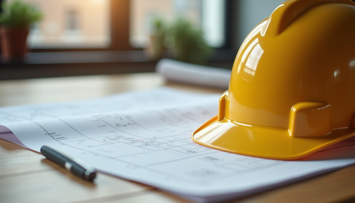 Close-up view of construction blueprints and a hard hat on a wooden table