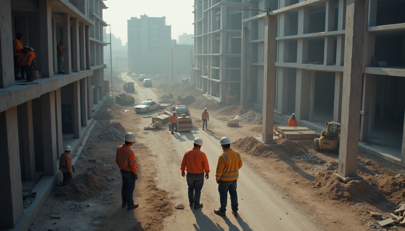 High angle view of construction workers coordinating on a building site