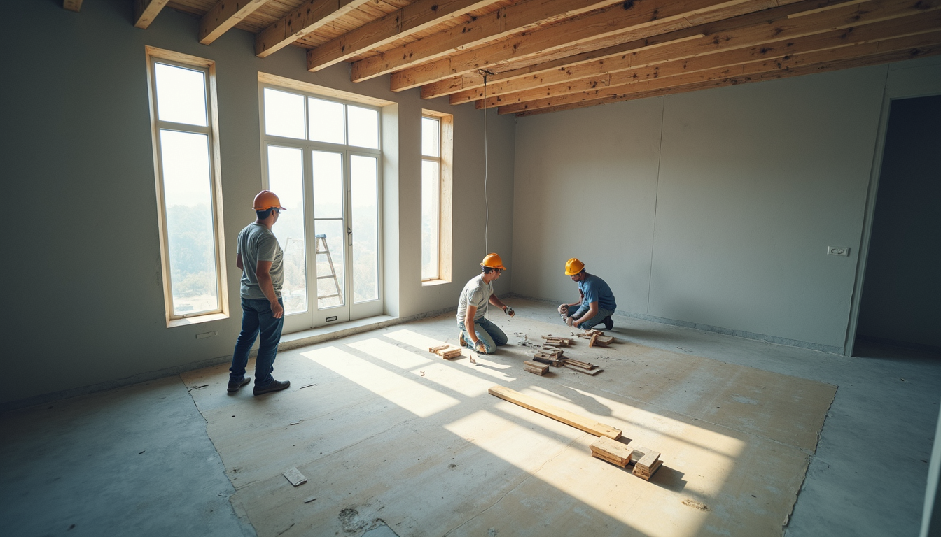 High angle view of a construction site with workers installing ceiling panels