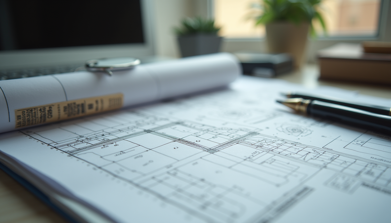 Close-up view of construction blueprints and tools on a desk