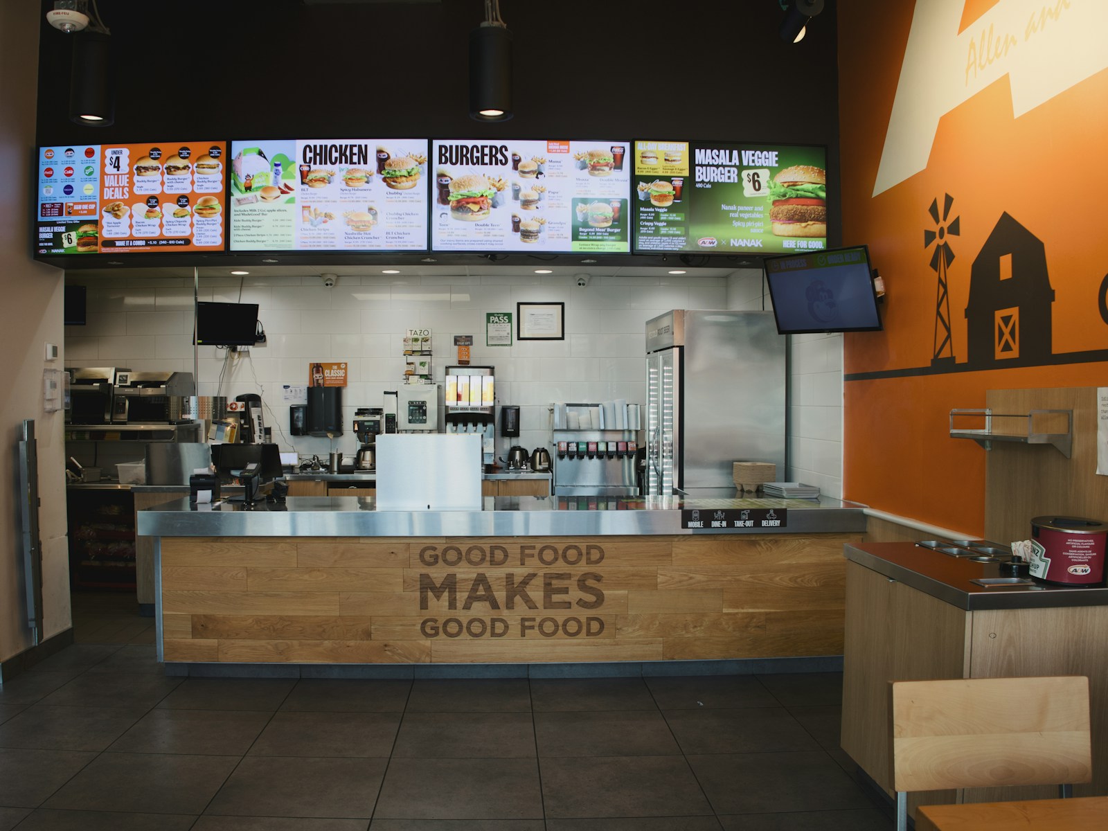 Quick-service restaurant counter and digital menu boards
